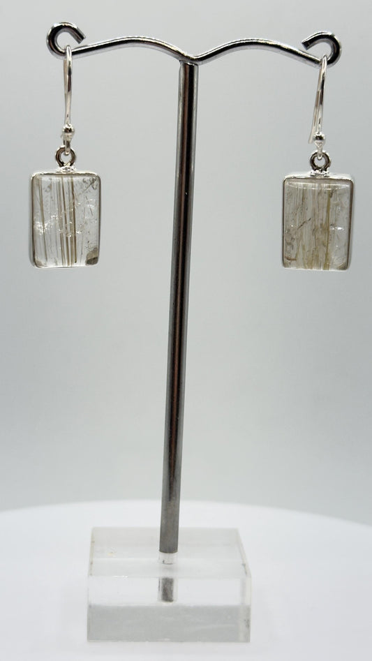 Rutilated Quartz Rectangle Drop Earrings – Natural Crystal Sterling Silver Dangle Jewelry