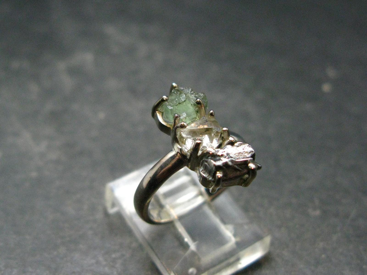 Moldavite Herkimer Meteorite Sterling Silver Ring From Czech Republic - Size 5 - 2.91 Grams