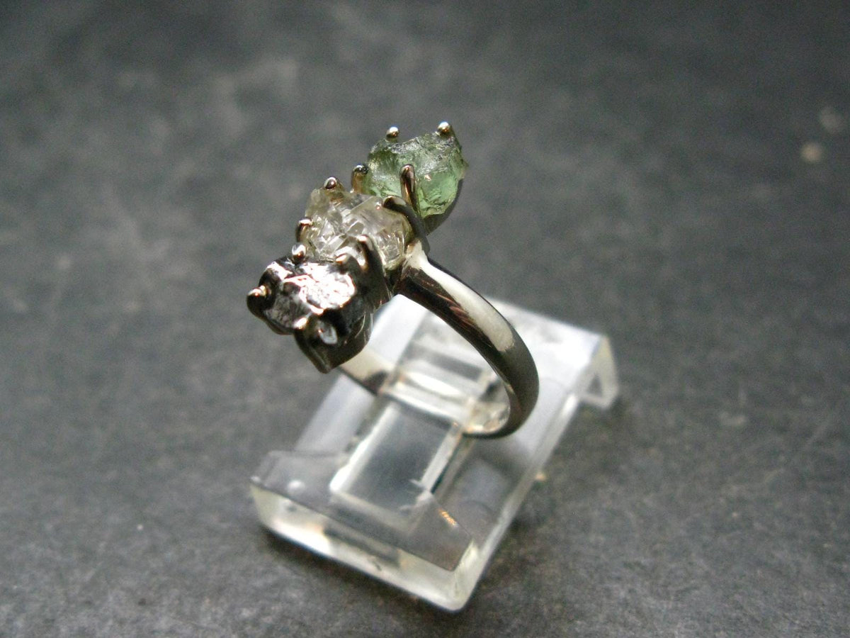 Moldavite Herkimer Meteorite Sterling Silver Ring From Czech Republic - Size 5 - 2.91 Grams
