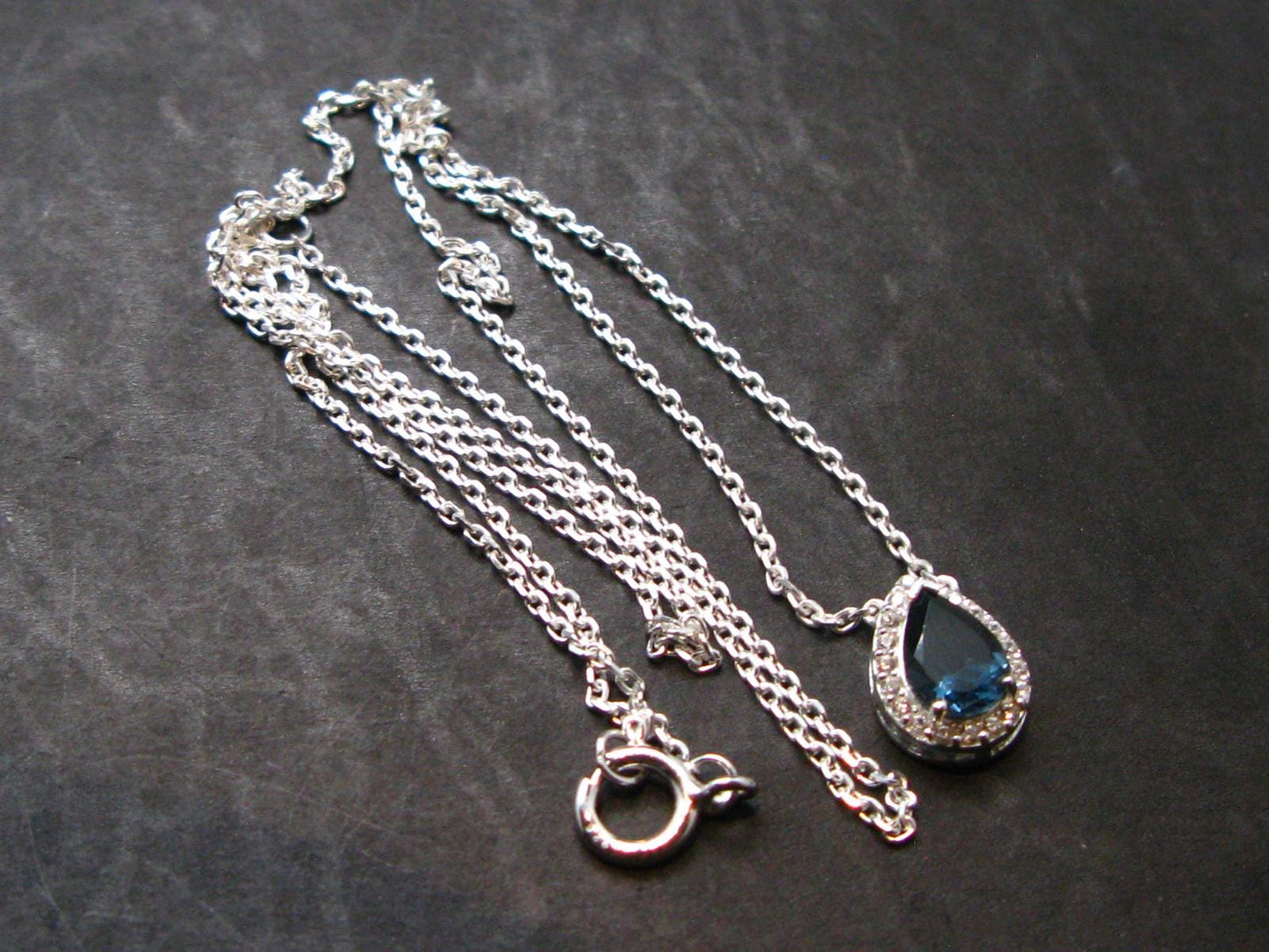 London Blue Topaz Sterling Silver Pendant with CZ From Brazil With Chain - 18" - 2.40 Grams