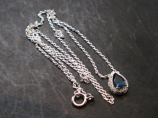 London Blue Topaz Sterling Silver Pendant with CZ From Brazil With Chain - 18" - 2.40 Grams
