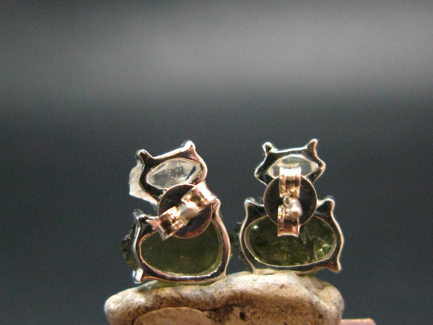 Moldavite & Herkimer Diamond Silver Stud Earrings - 0.7" - 2.29 Grams
