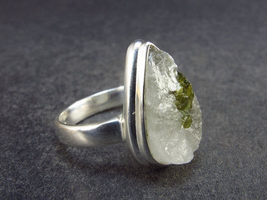 Green Tourmaline In Quartz Silver Ring From Brazil - 5.52 Grams - Size 8