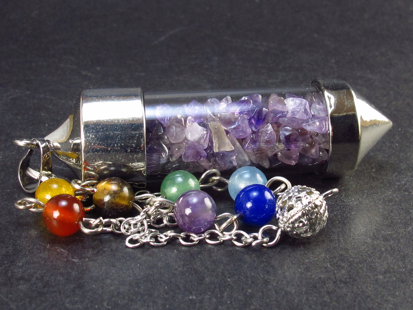 Glass Tube with Amethyst Pendulum and 7 Chakra Beads Chain - 10.6"