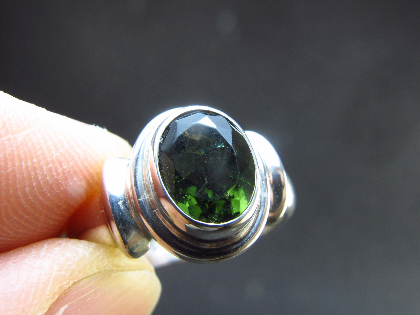 Moldavite Tektite Facetted Silver Ring from Czech Republic - Size 8 - 6.75 Grams