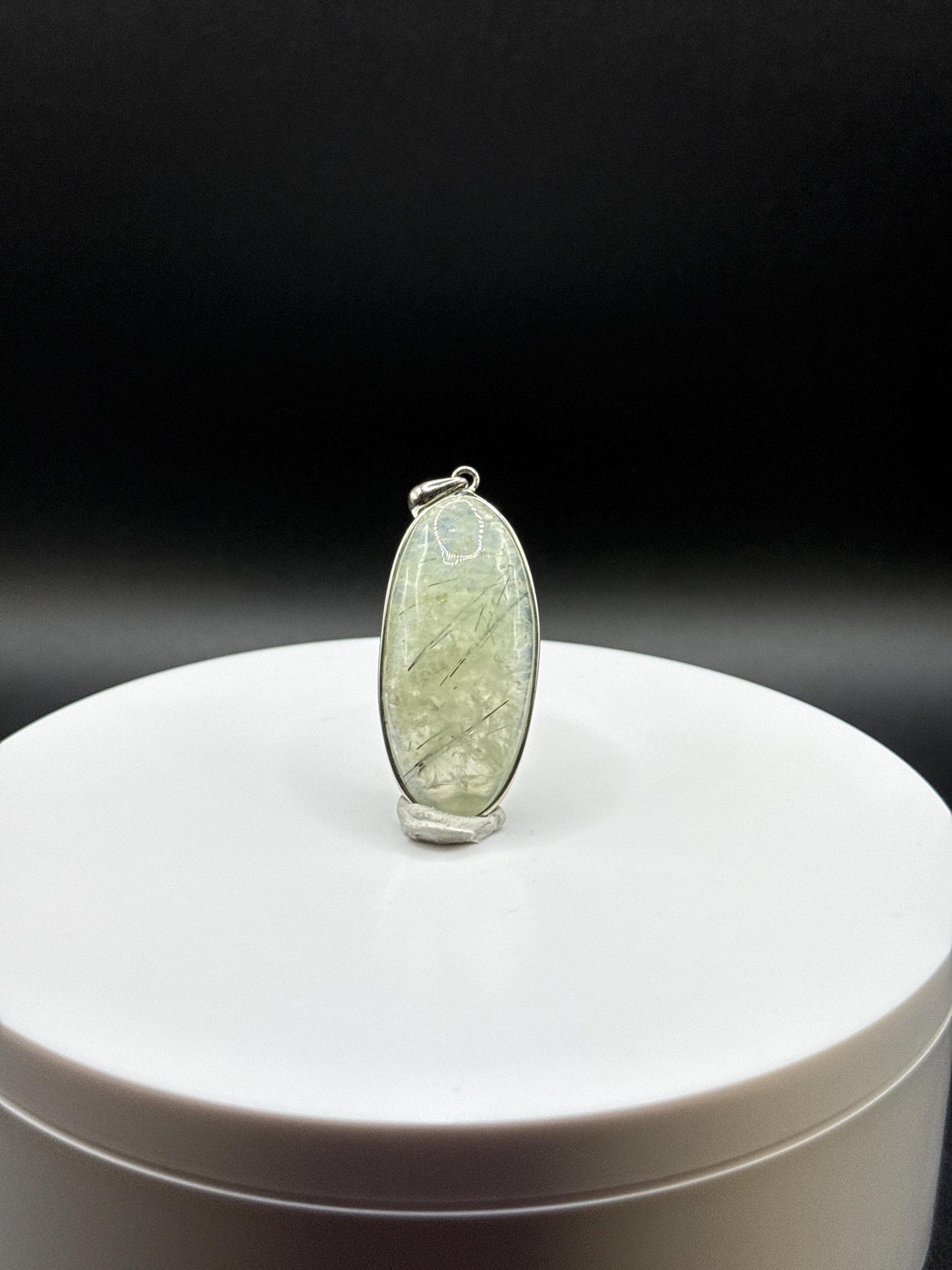 Prehnite Oval Pendant | Tourmaline Inclusions | Sterling Silver Jewelry