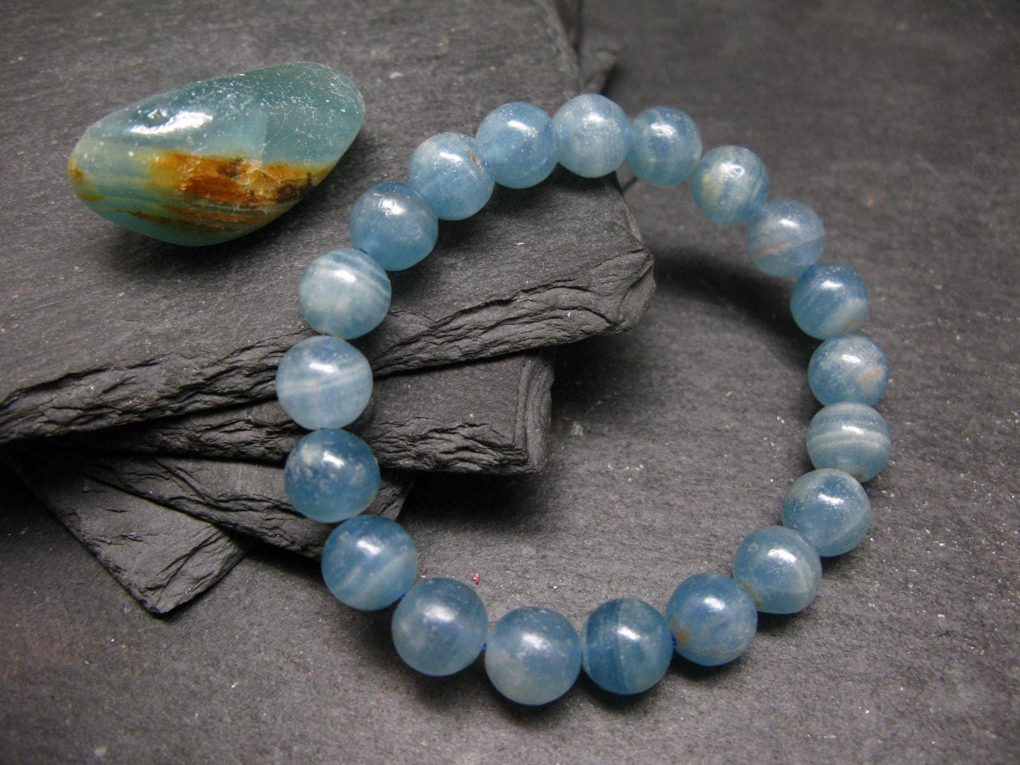 Lemurian Aquatine Calcite Genuine Bracelet ~ 7 Inches ~ 10mm Round Beads