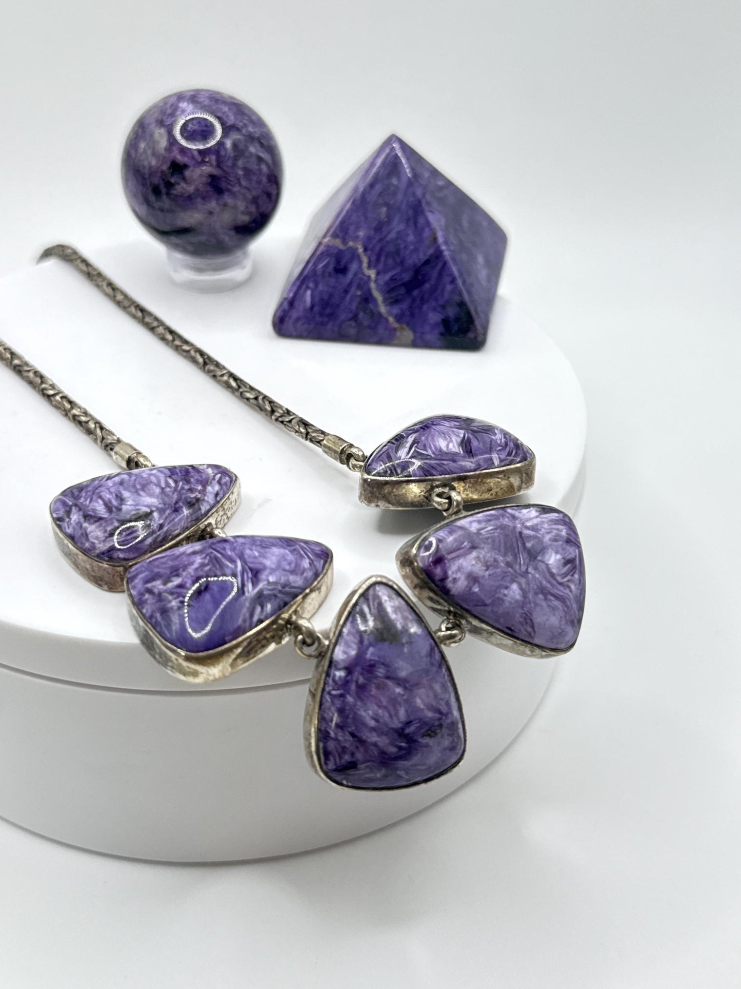 Charoite & Sterling Silver Geometric Necklace - 51.38 Grams