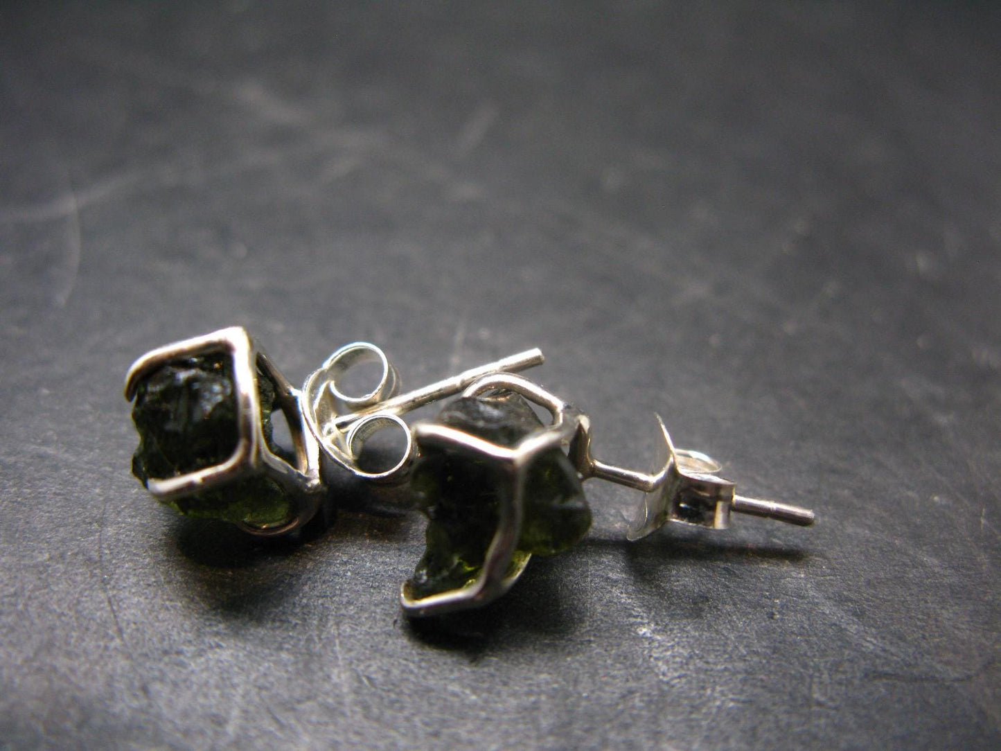 Natural Moldavite Tektite Raw Stud Earrings In Sterling Silver From Czech Republic - 2.10 Grams