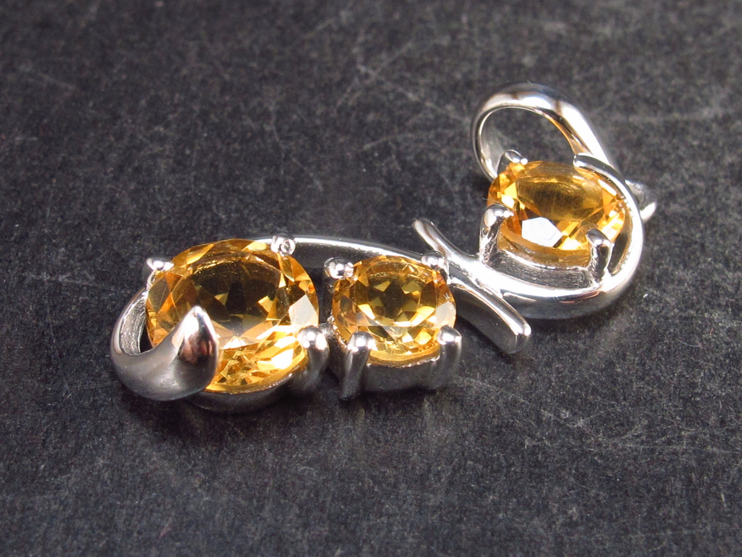 Three Genuine Faceted Golden Yellow Citrine Crystals 925 Silver Pendant From Brazil - 1.4" - 4.13 Grams