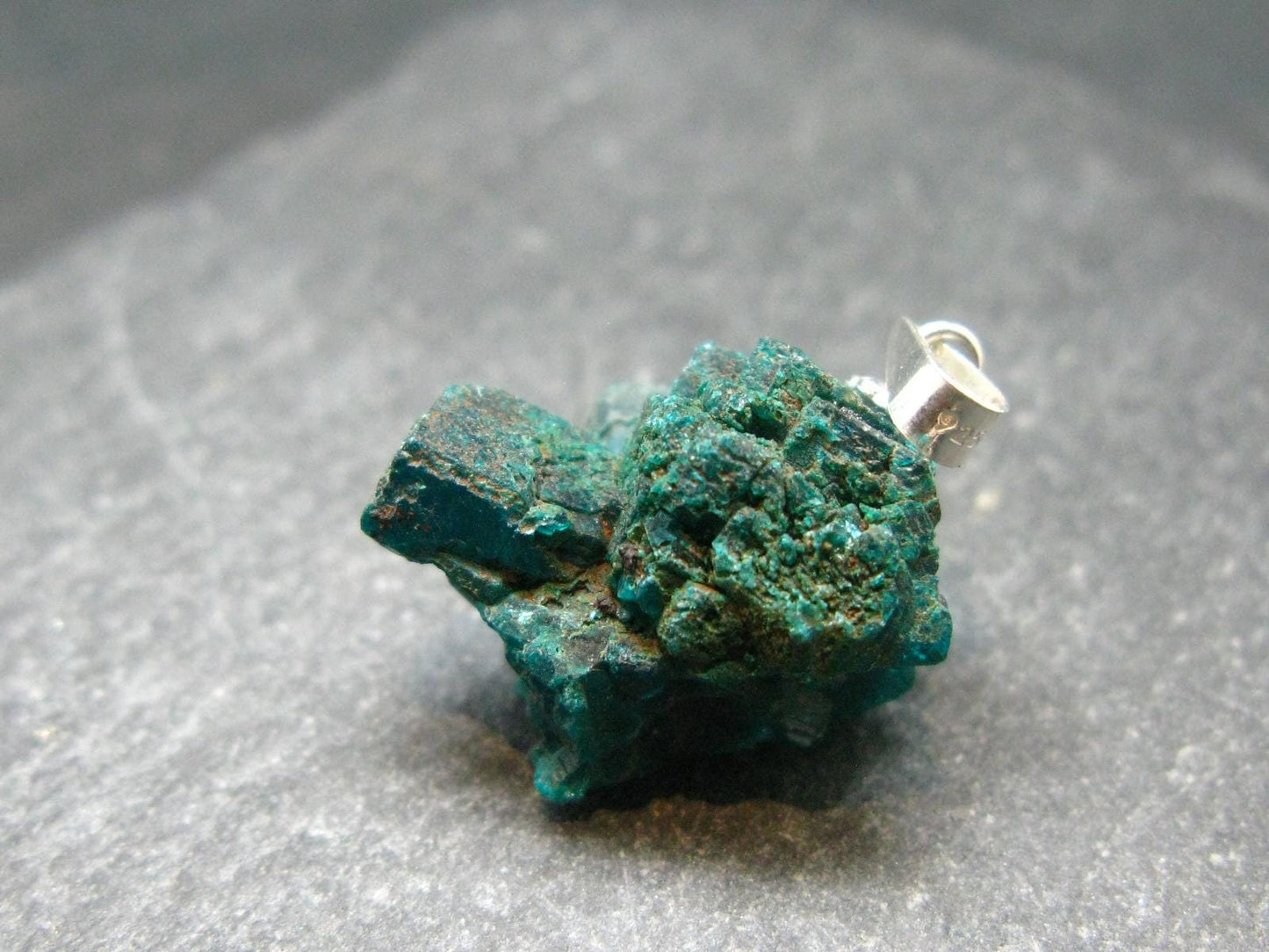 Sharp Dark Green Sparkling Gemmy Dioptase Silver Pendant from Kazakhstan - 0.9" - 3.89 Grams