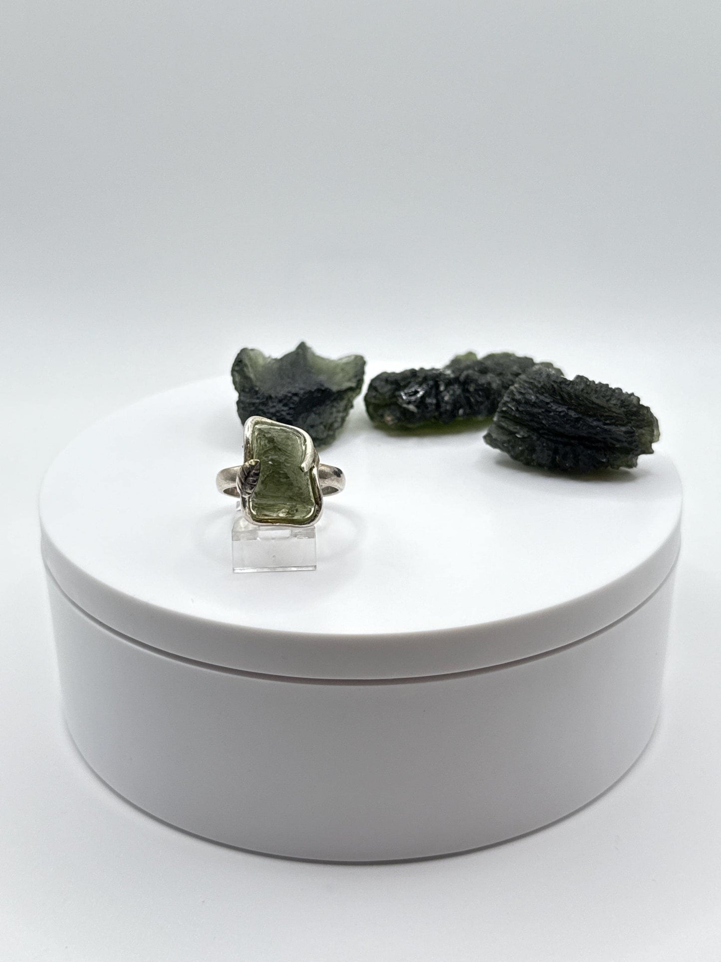 Raw Moldavite Sterling Silver Ring – Unique Cosmic Green Tektite Jewelry - Size 9.5