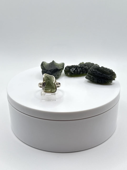 Raw Moldavite Sterling Silver Ring – Unique Cosmic Green Tektite Jewelry - Size 9.5