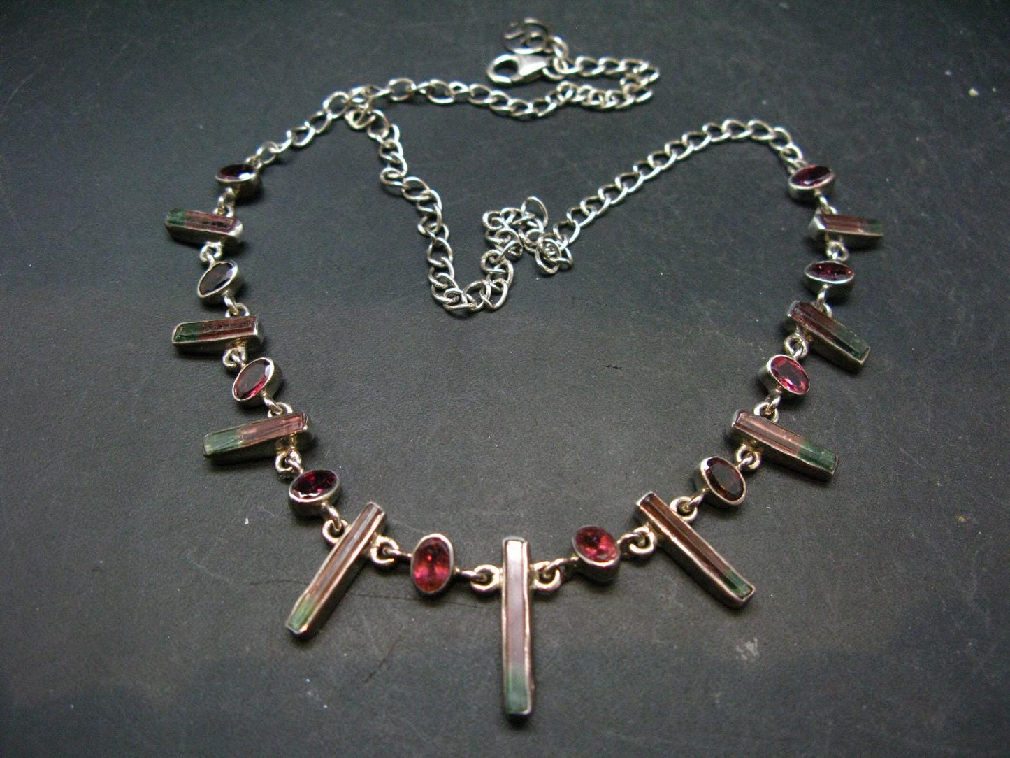 Watermelon Tourmaline Crystal Silver Necklace from Brazil - 18" - 17.5 Grams