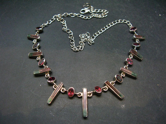 Watermelon Tourmaline Crystal Silver Necklace from Brazil - 18" - 17.5 Grams