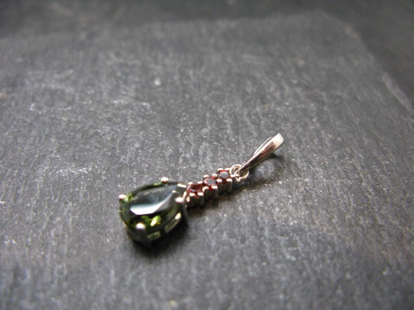 Moldavite Tektite & Red Garnet Silver Pendant from Czech Republic - 0.9"