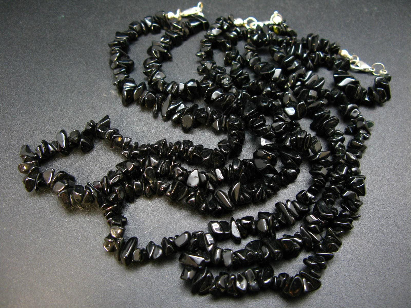 Set of Three Black Tourmaline Schorl Free Form Bead Necklace from Brazil - 17.5"
