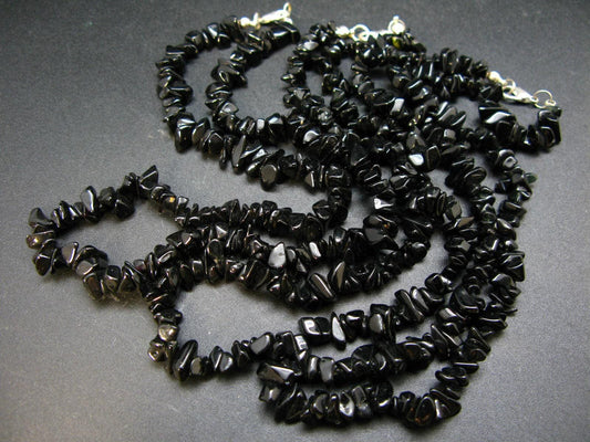 Set of Three Black Tourmaline Schorl Free Form Bead Necklace from Brazil - 17.5"