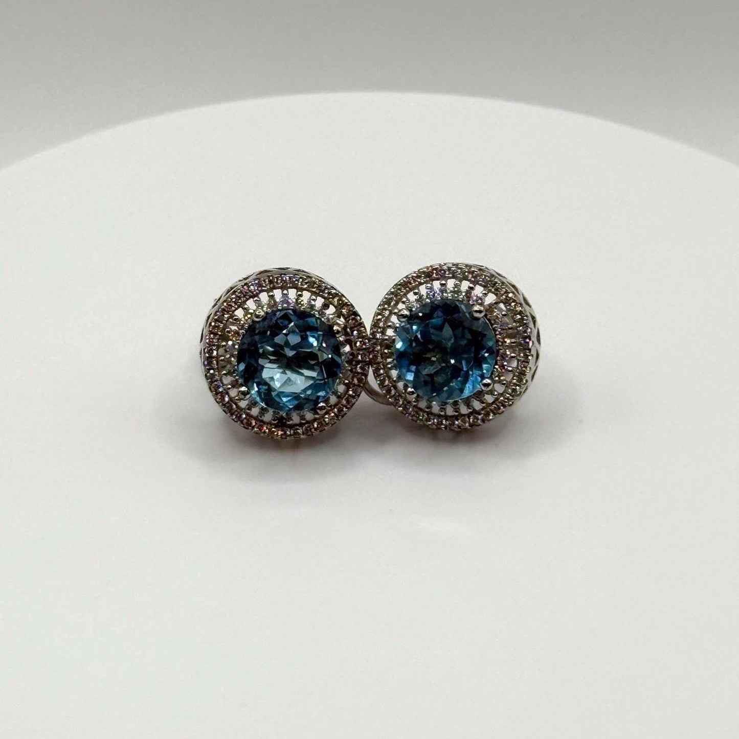 Swiss Blue Topaz Stud Earrings with Double Halo in Sterling Silver - Weight 9.08 Grams
