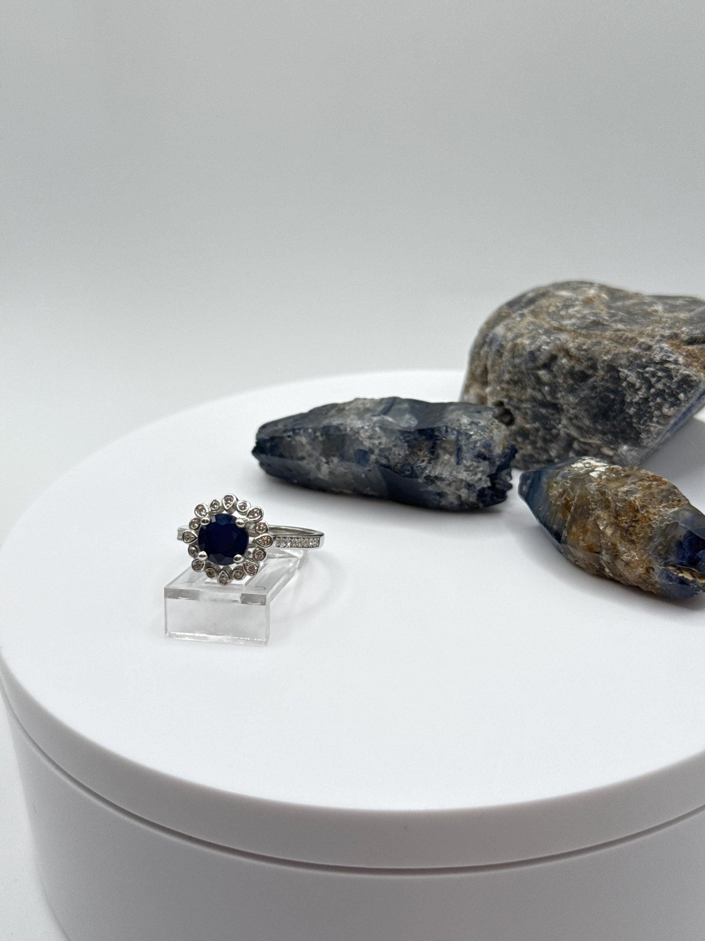 Blue Sapphire Halo Ring: Sterling Silver September Birthstone - Size 7