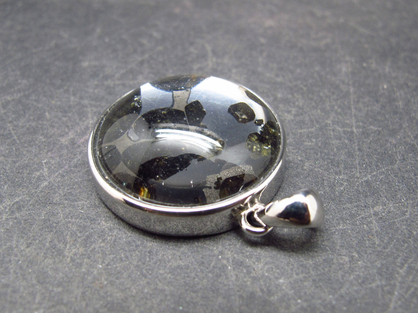 Rare Brahin Meteorite Slice With Olivine Pallasite Silver Pendant from Belarus - 1.2" - 7.5 Grams