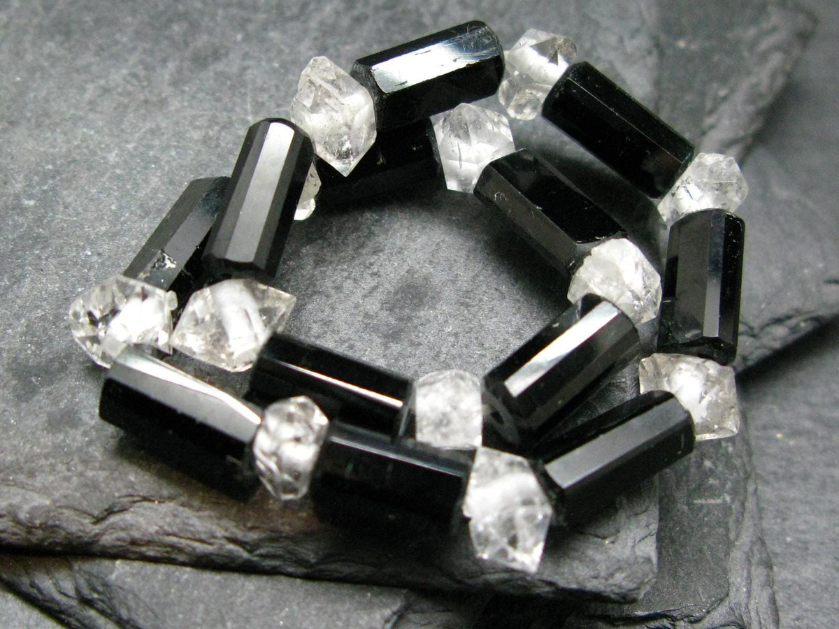 Black Tourmaline & Herkimer Diamond Genuine Bracelet ~ 7.5 Inches ~ 12mm Crystal Beads