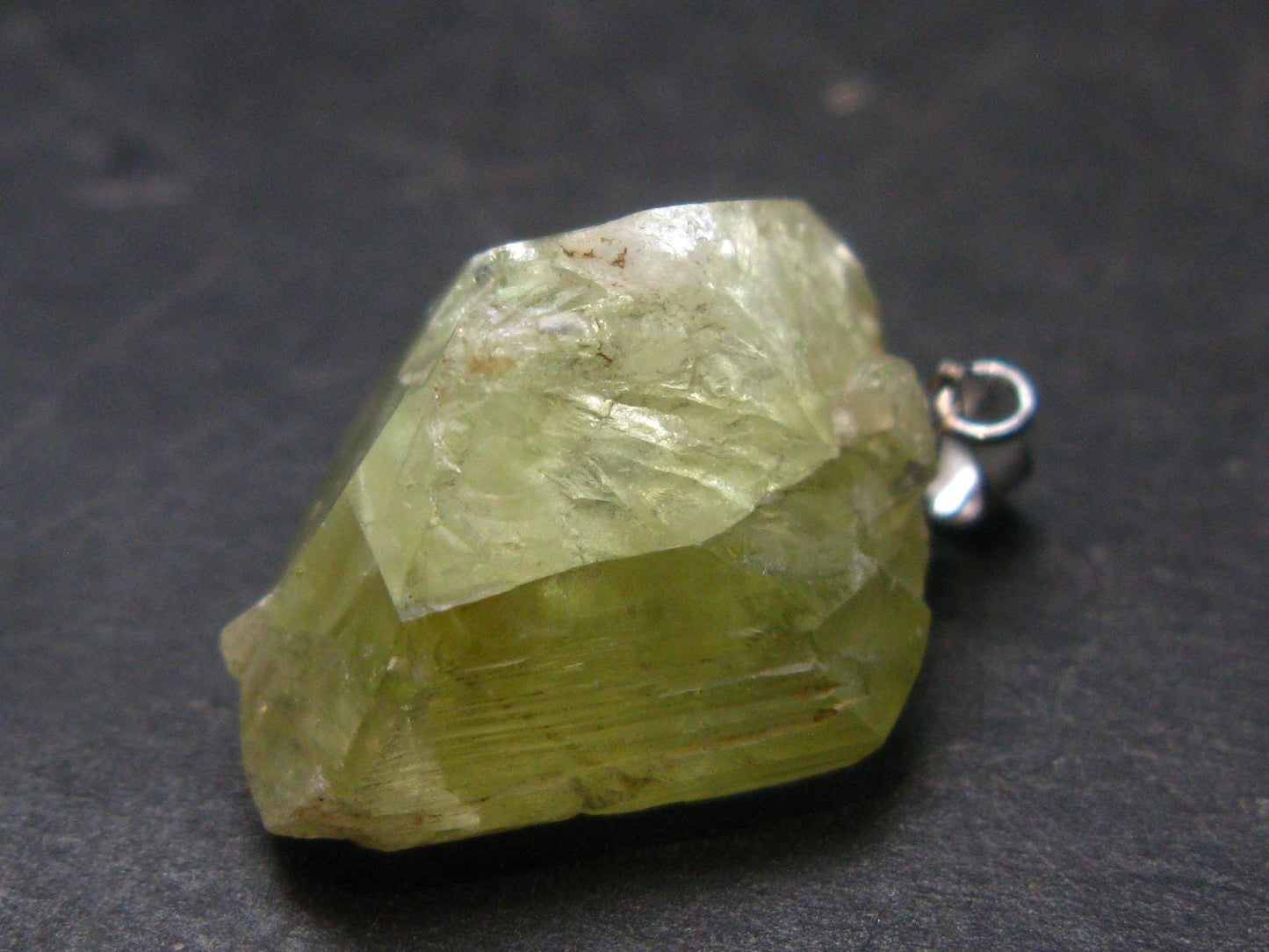 Rare Gemmy Yellowish-Green Brazilianite Terminated Crystal Silver Pendant From Brazil - 1.1" - 6.55 Grams