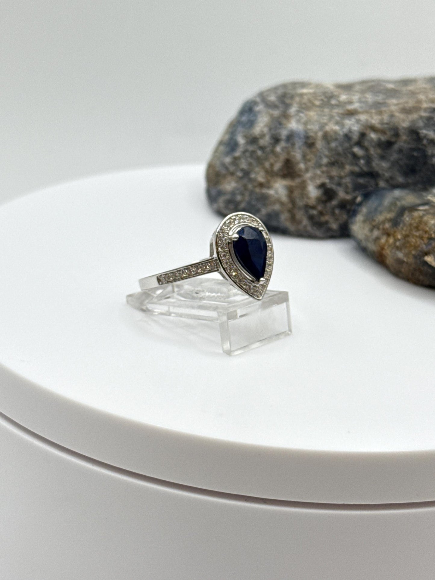 Pear Sapphire Halo Ring | Sterling Silver, September Birthstone (Size 7.5)