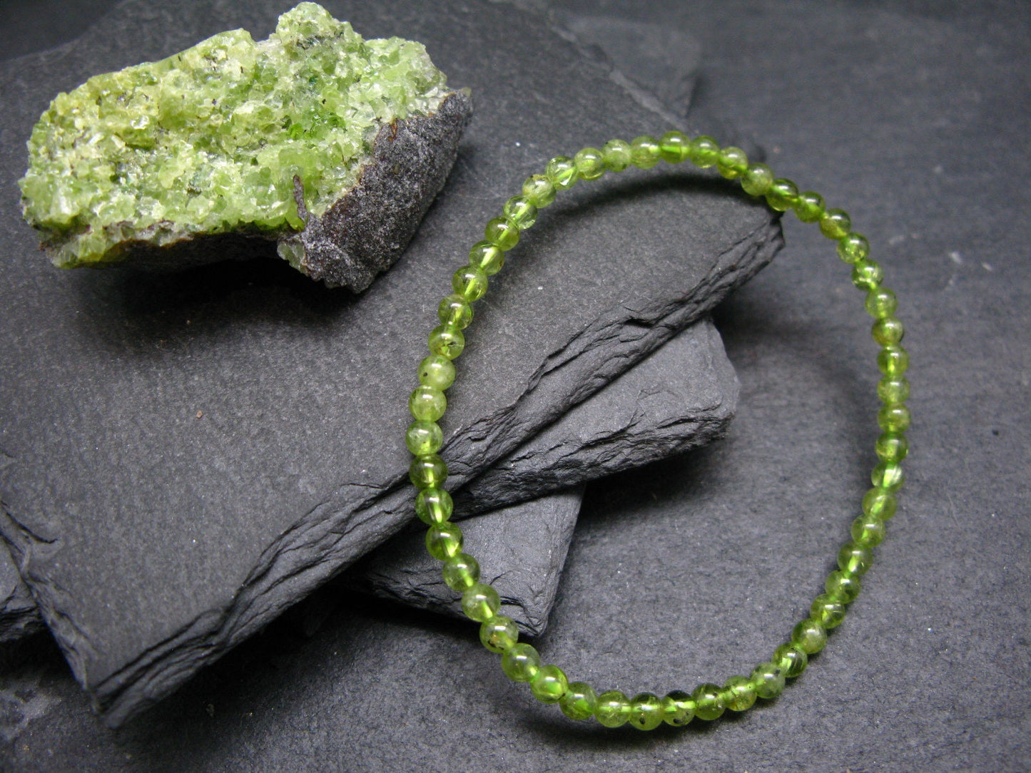 Peridot Genuine Bracelet ~ 7 Inches ~ 4mm Round Beads