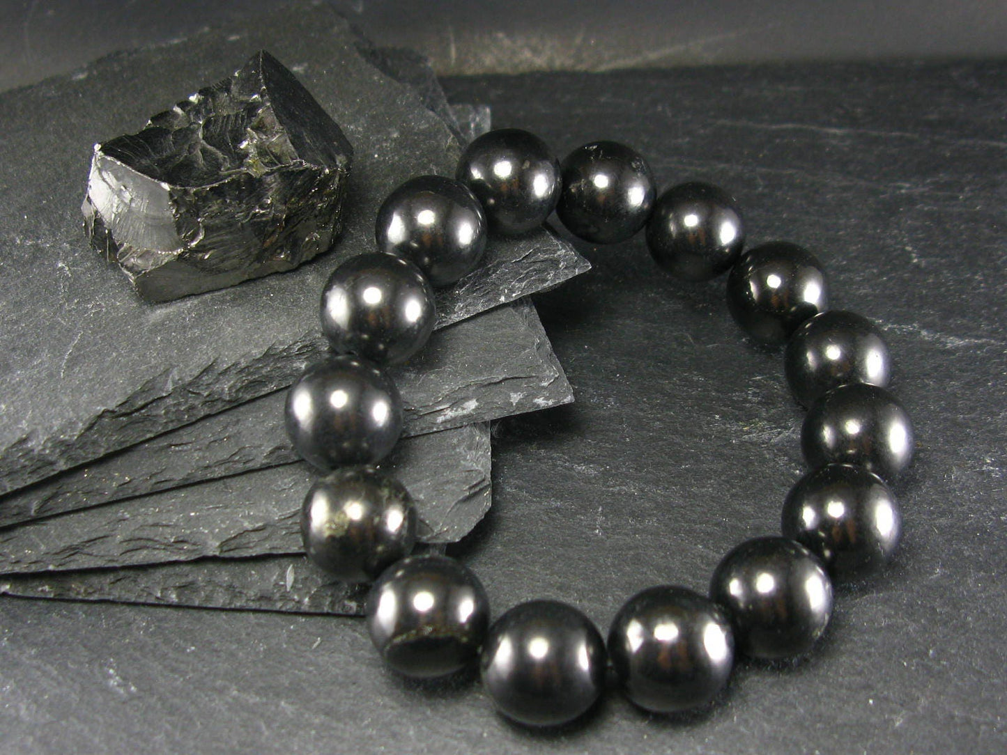 Shungite Genuine Bracelet ~ 7 Inches ~ 14mm Round Beads