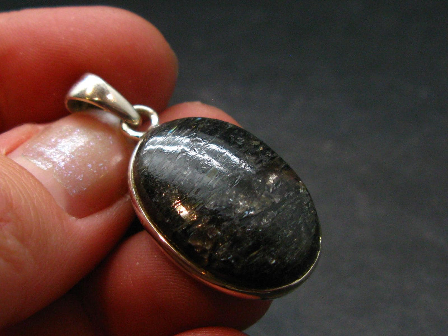 Very Rare Sterling Silver Nuumite Nuummite Pendant From Greenland - 1.3" - 7.1 Grams