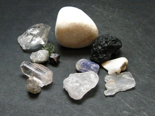 Synergy 12 Set Phenakite Moldavite Natrolite Petalite Danburite Tektite Scolecite Herderite Tanzanite Brookite 45.07 Gr