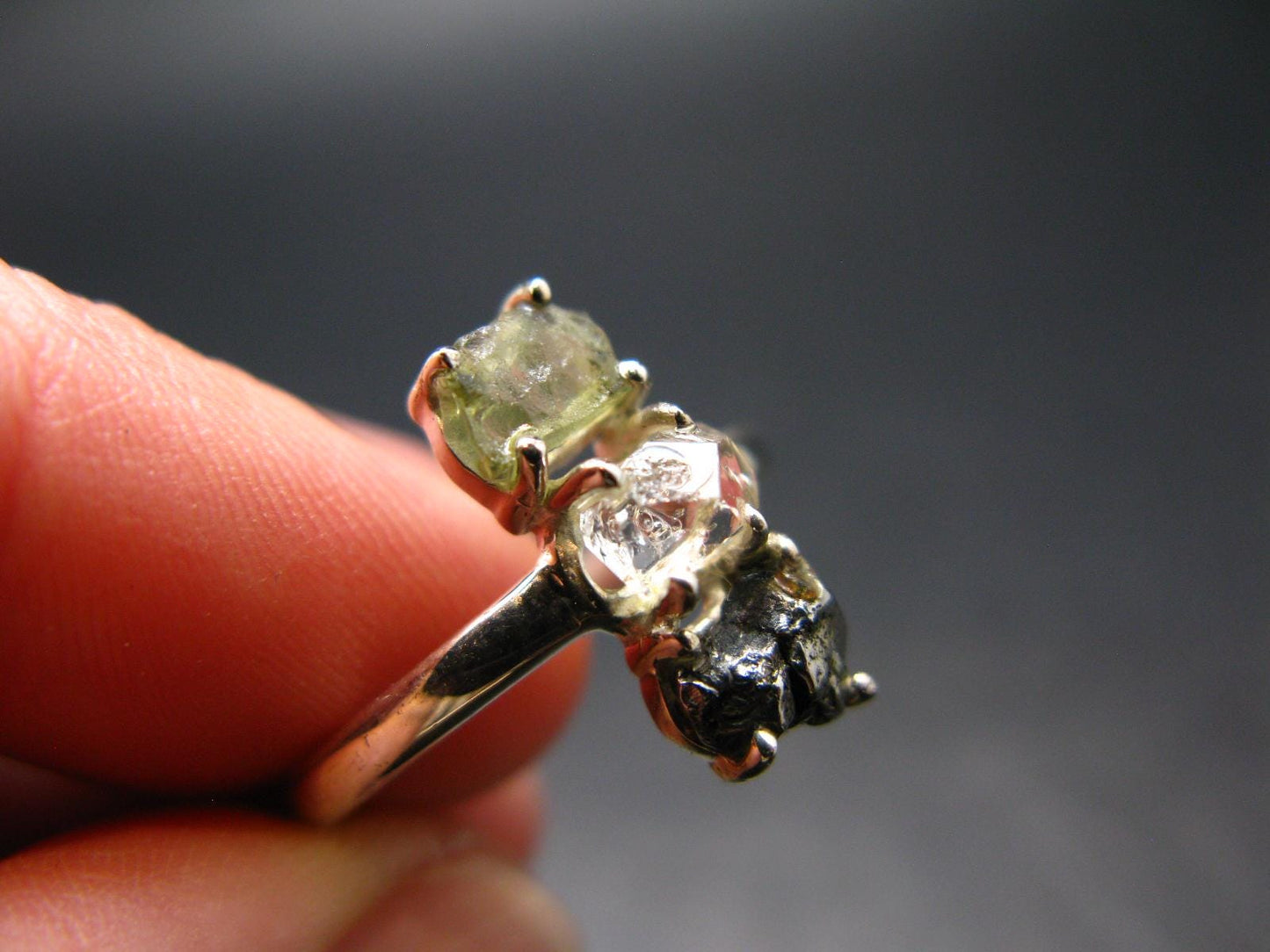 Moldavite Herkimer Meteorite Sterling Silver Ring From Czech Republic - Size 9 - 2.67 Grams