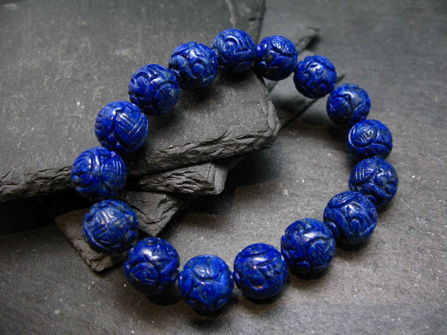 Lapis Lazuli Lazurite Genuine Bracelet ~ 7 Inches ~ 12mm Carved Beads