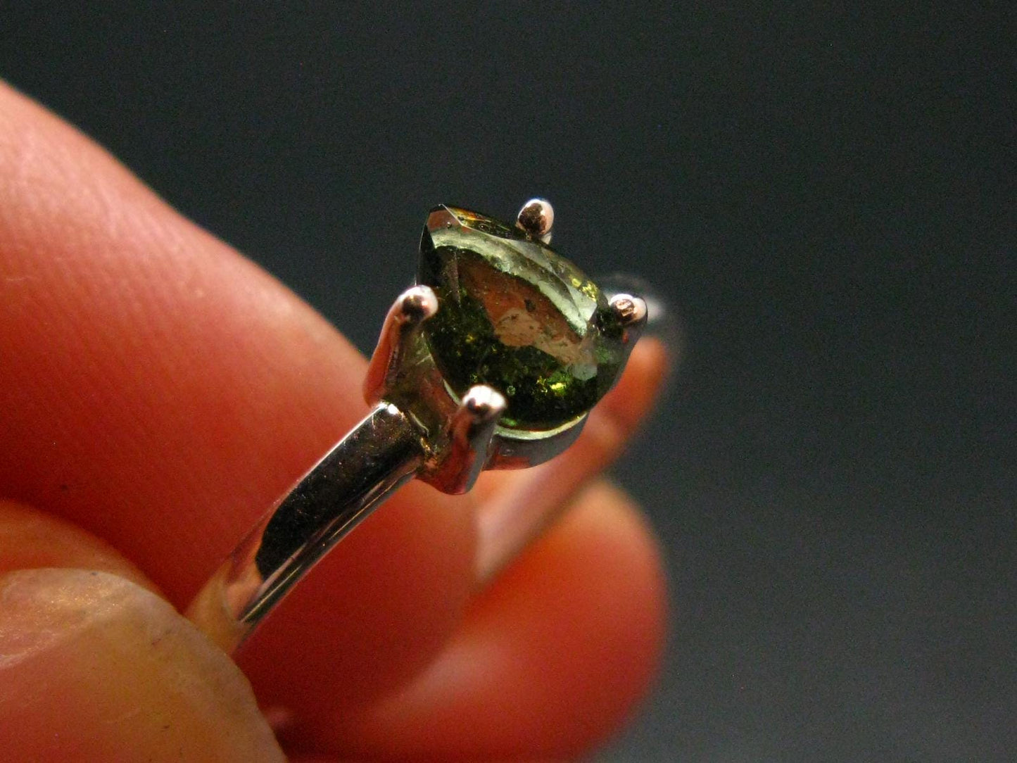 Moldavite Tektite Facetted Silver Ring from Czech Republic - Size 6 - 1.51 Grams