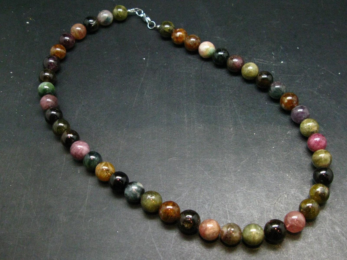 Watermelon Tourmaline Crystal Silver Necklace from Brazil - 21" - 114 Grams - 12mm Round Beads