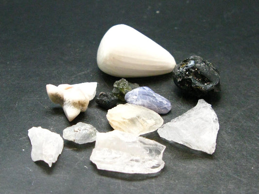 Synergy 12 Set Phenakite Moldavite Natrolite Petalite Danburite Tektite Scolecite Herderite Tanzanite Brookite 52.57 Gr