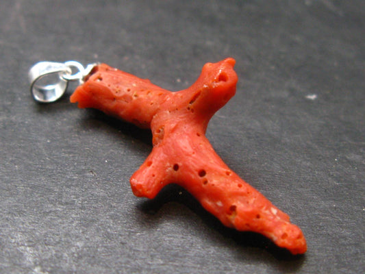 Rare Natural Red Coral Silver Pendant From Italy - 1.4" - 1.22 Grams