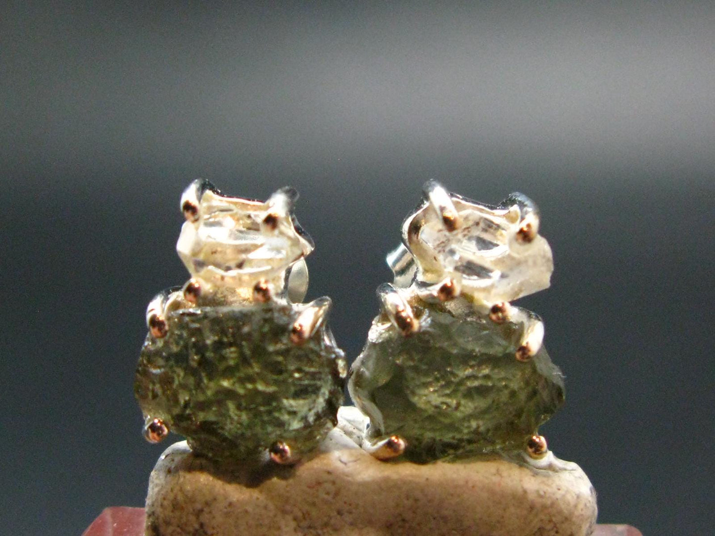 Moldavite & Herkimer Diamond Silver Stud Earrings - 0.7" - 2.29 Grams