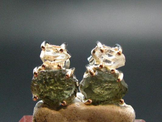 Moldavite & Herkimer Diamond Silver Stud Earrings - 0.7" - 2.29 Grams