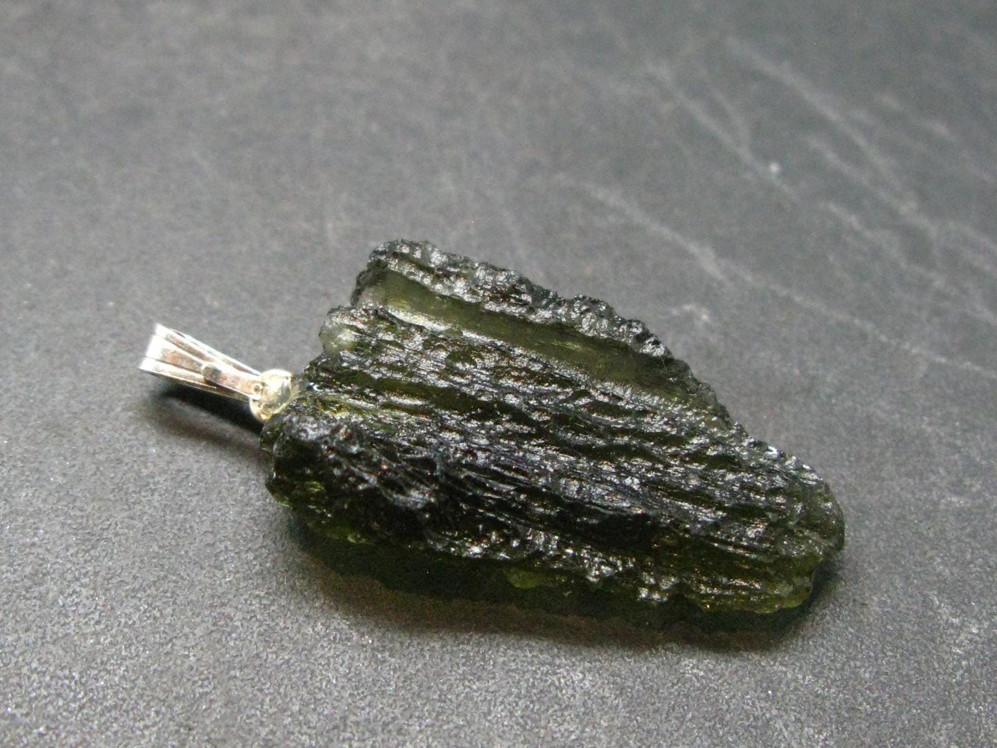 Moldavite Tektite Silver Pendant from Czech Republic - 1.4" - 3.3 Grams