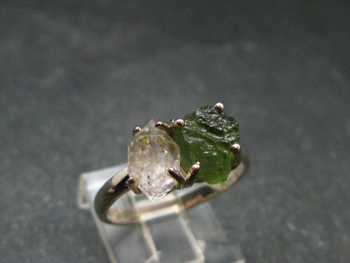 Moldavite Tektite and Herkimer Diamond Silver Ring - Size 8 - 2.60 Grams