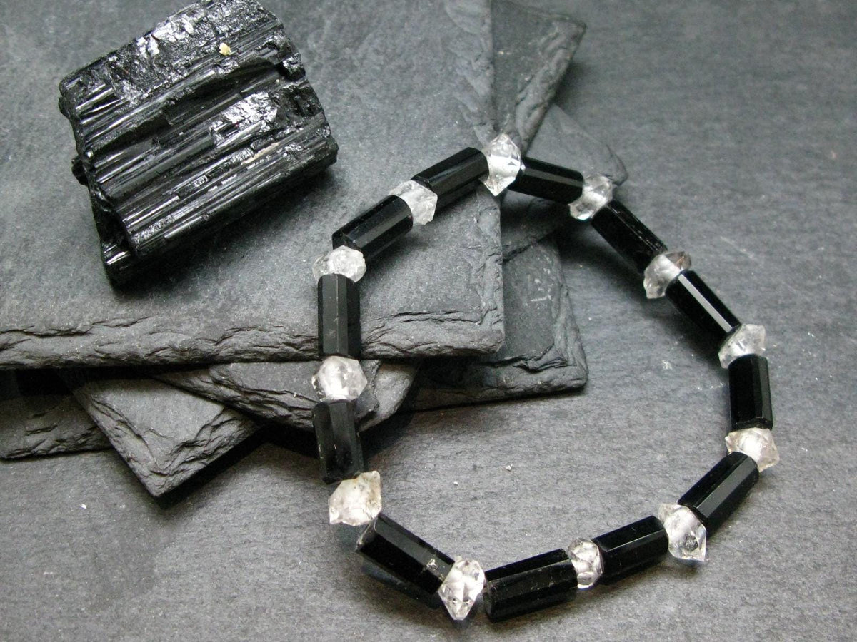 Black Tourmaline & Herkimer Diamond Genuine Bracelet ~ 7.5 Inches ~ 12mm Crystal Beads