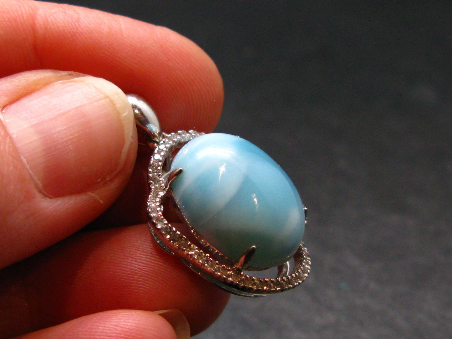 Summer’s Sea!! Rare Polished Cabochon Blue Larimar Pectolite Silver Pendant From Dominican Republic - 1.1" - 4.48 Grams