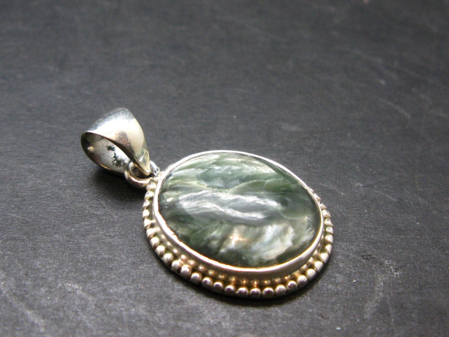 Natural Polished Seraphinite Clinochlore Angels Wings Silver Pendant from Russia - 1.3" - 5.93 Grams