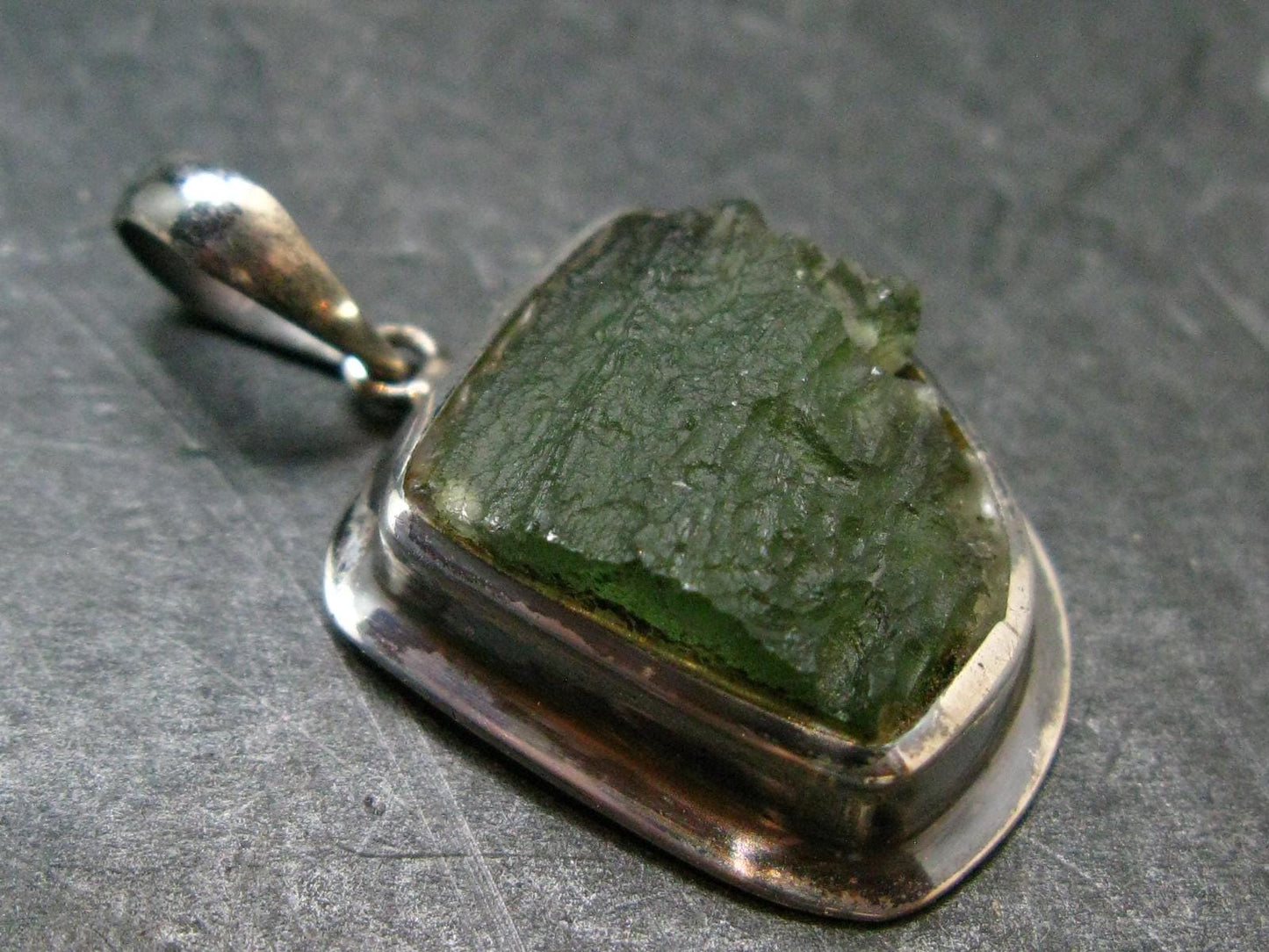 Moldavite Tektite Silver Pendant from Czech Republic - 1.5" - 6.88 Grams