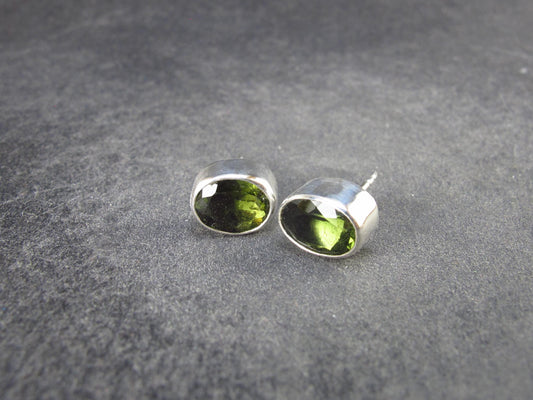 Facetted Moldavite Tektite Stud Earrings in Sterling Silver from Czech Republic - 2.39 Grams