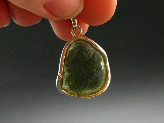 Moldavite Tektite Silver Clover Pendant from Czech Republic - 1.2" - 5.4 Grams