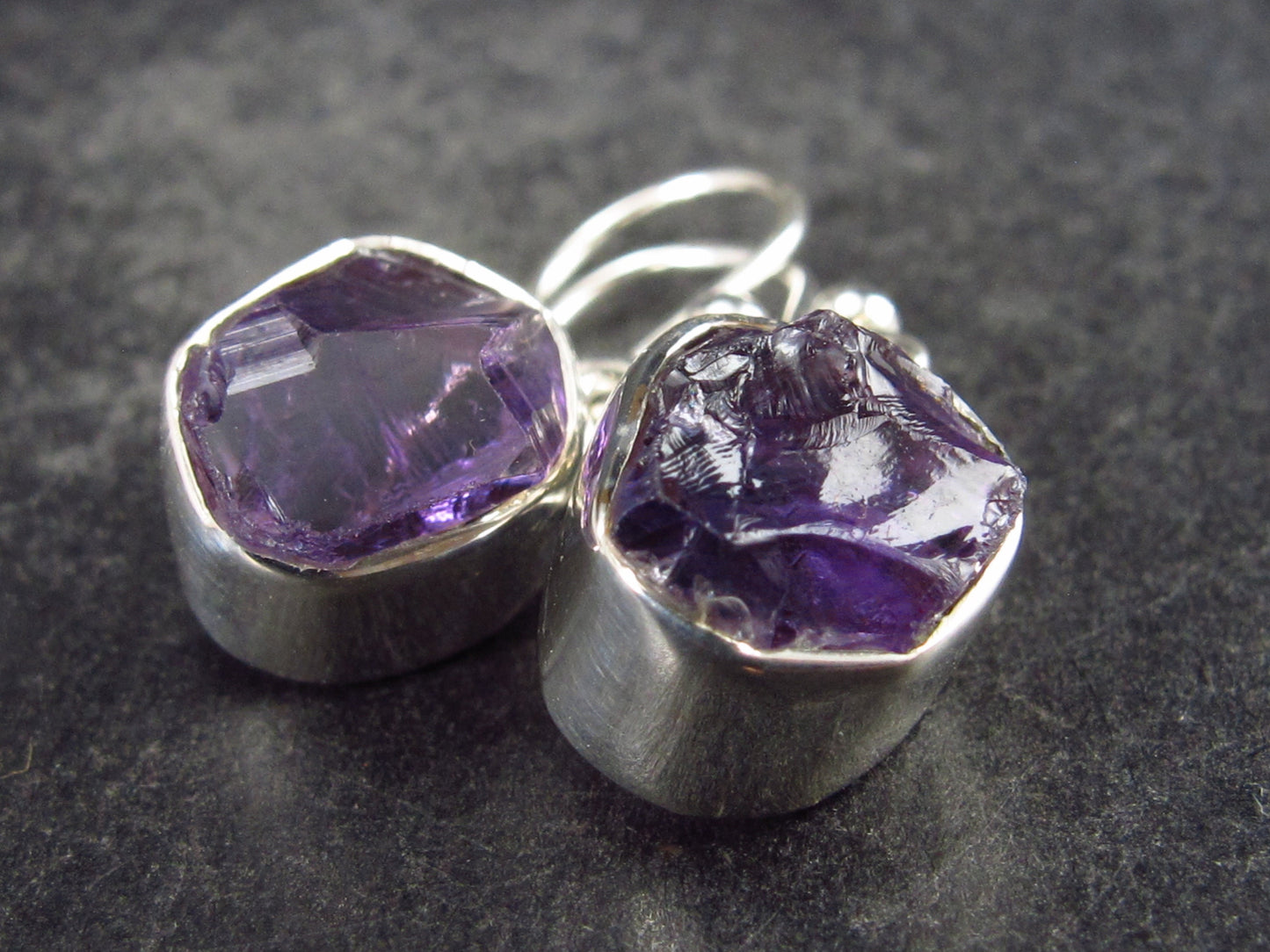 Natural Raw Gemmy Amethyst Crystal Sterling Silver Dangle Shepherd Hook Earrings From Mozambique - 1.0" - 3.2 Grams