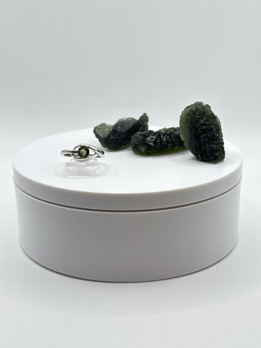 Sterling Silver Moldavite Ring – Round Cut Gemstone with Silver Surround - Size 8